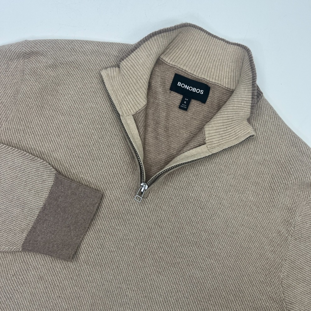 Bonobos Cotton Cashmere 1/4 Zip Sweater Beige Knit Pullover Mens XL Slim Preppy
